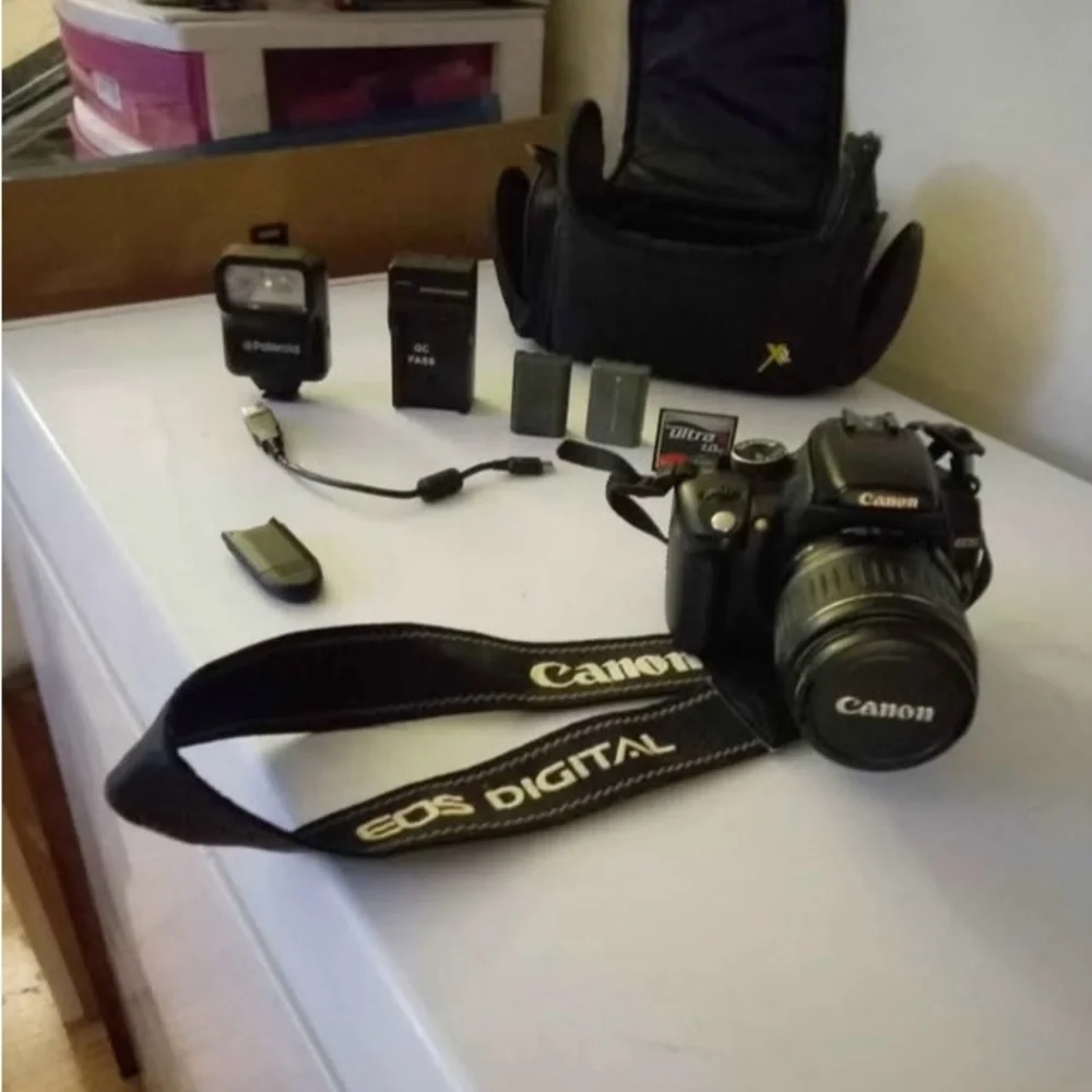 Canon EOS Rebel XT, lens, Much extra gear